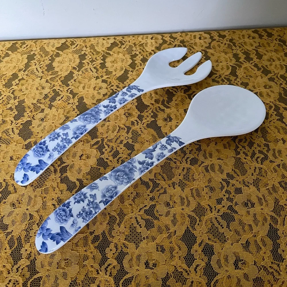 Floral Blue and White Salad Server Set